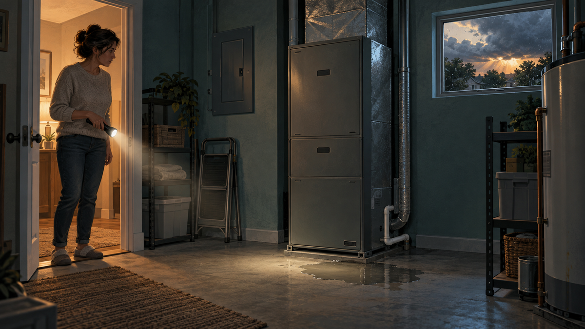 AI editorial illustration of a homeowner observing water near closed A/C equipment from a dry doorway after a storm