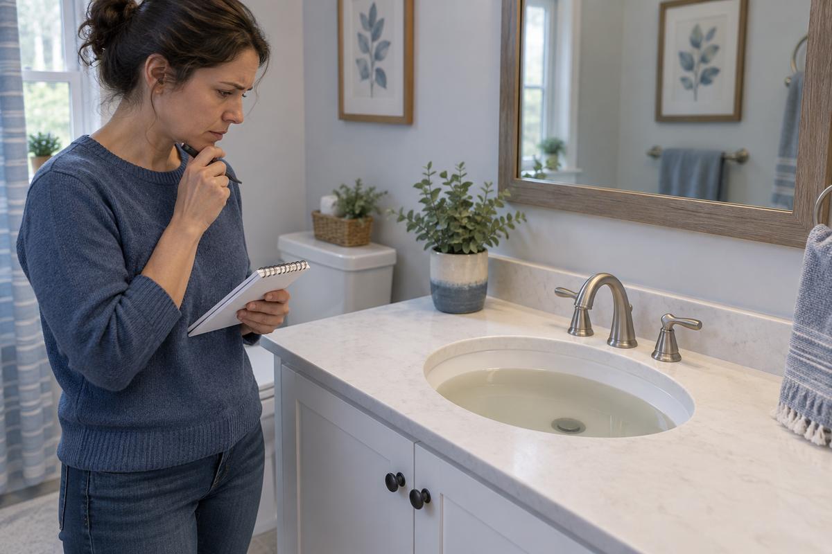 AI editorial illustration of a homeowner observing standing water in a bathroom sink with the faucet off