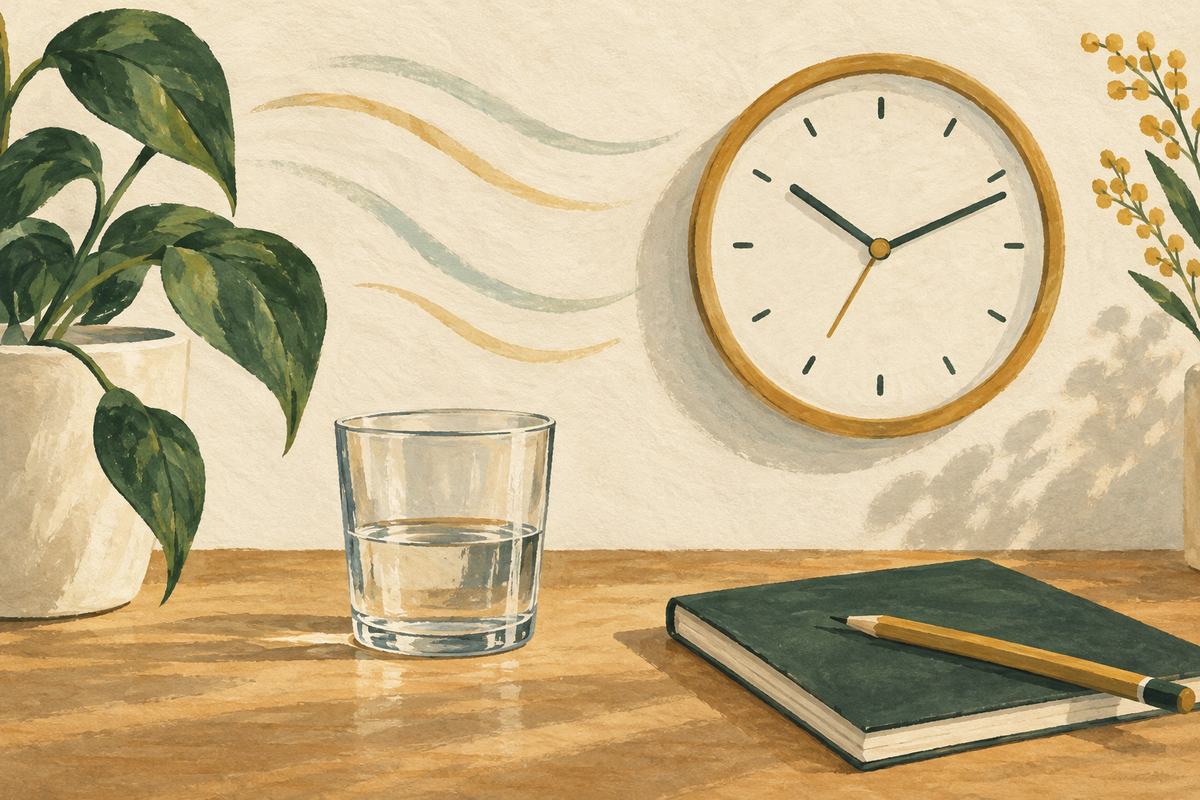 Gouache editorial illustration of a clock, glass of water and notebook representing drainage timing