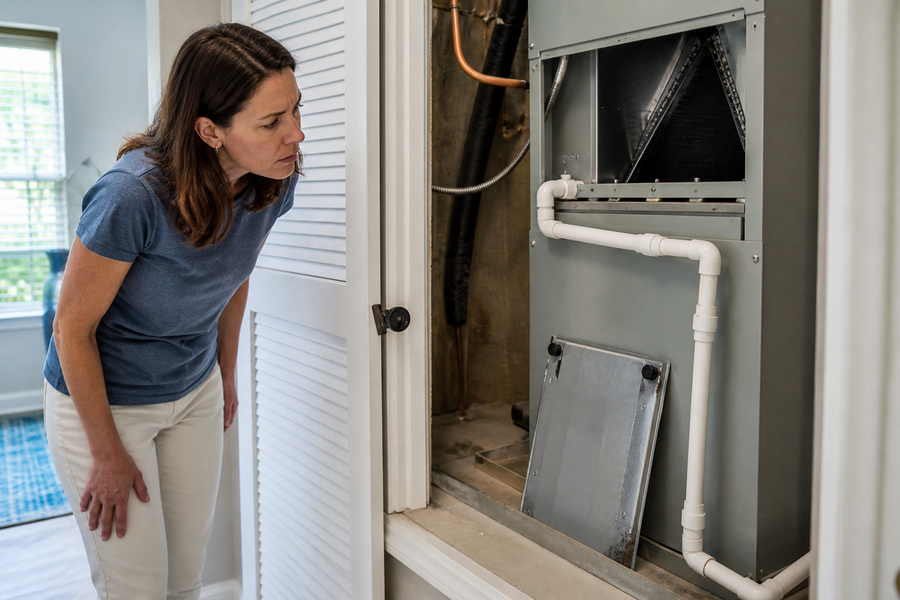 Homeowner investigating a musty smell near a residential air handler and condensate drain line