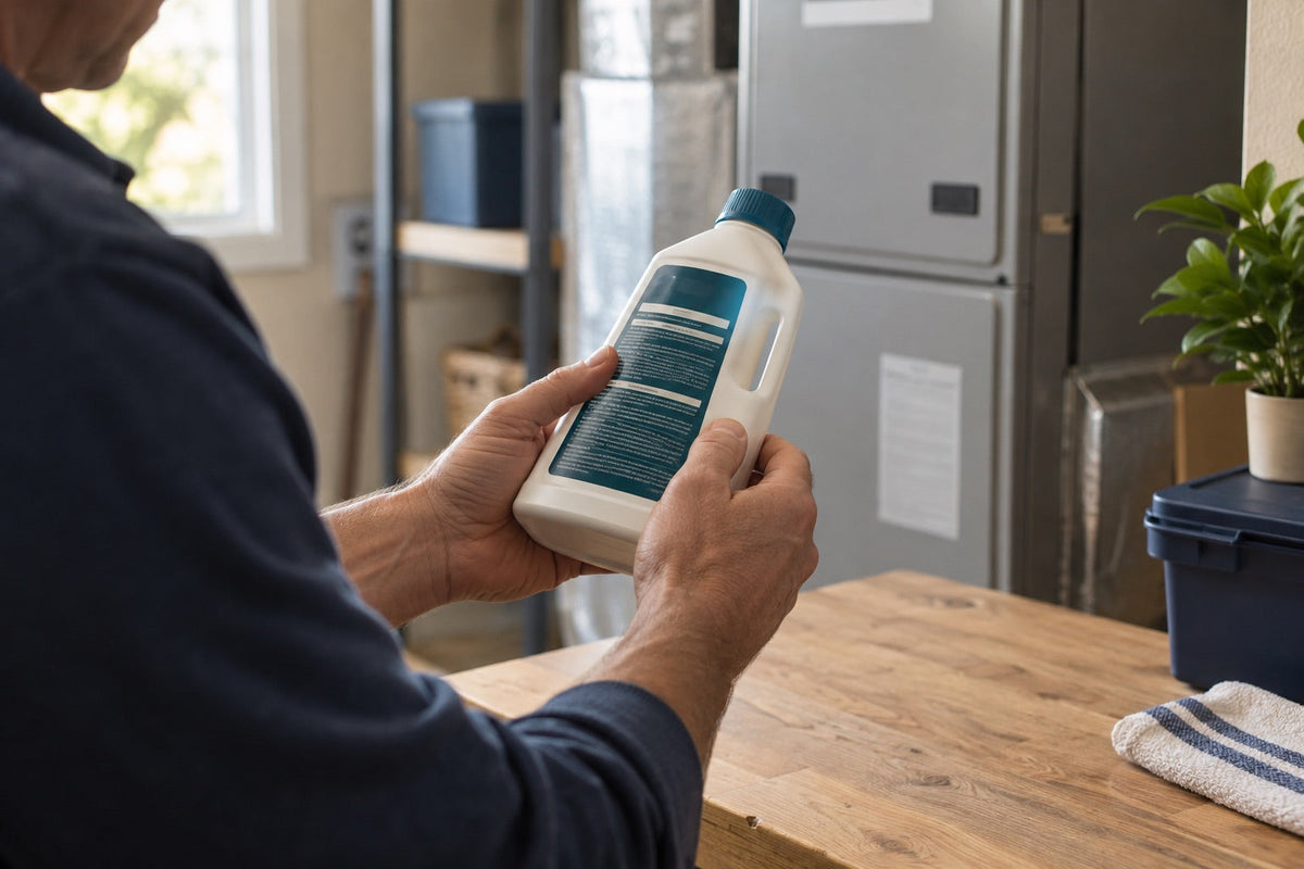 Illustrative homeowner reading the label on a closed household drain-cleaner bottle near a closed HVAC cabinet