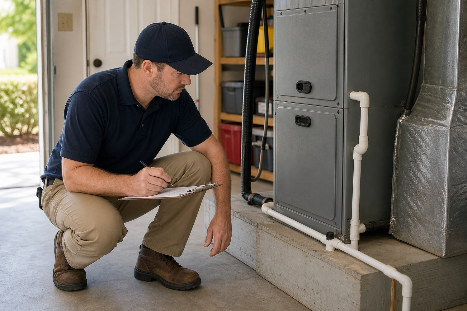 HVAC technician diagnosing a recurring A/C condensate drain-line clog beside an indoor air handler