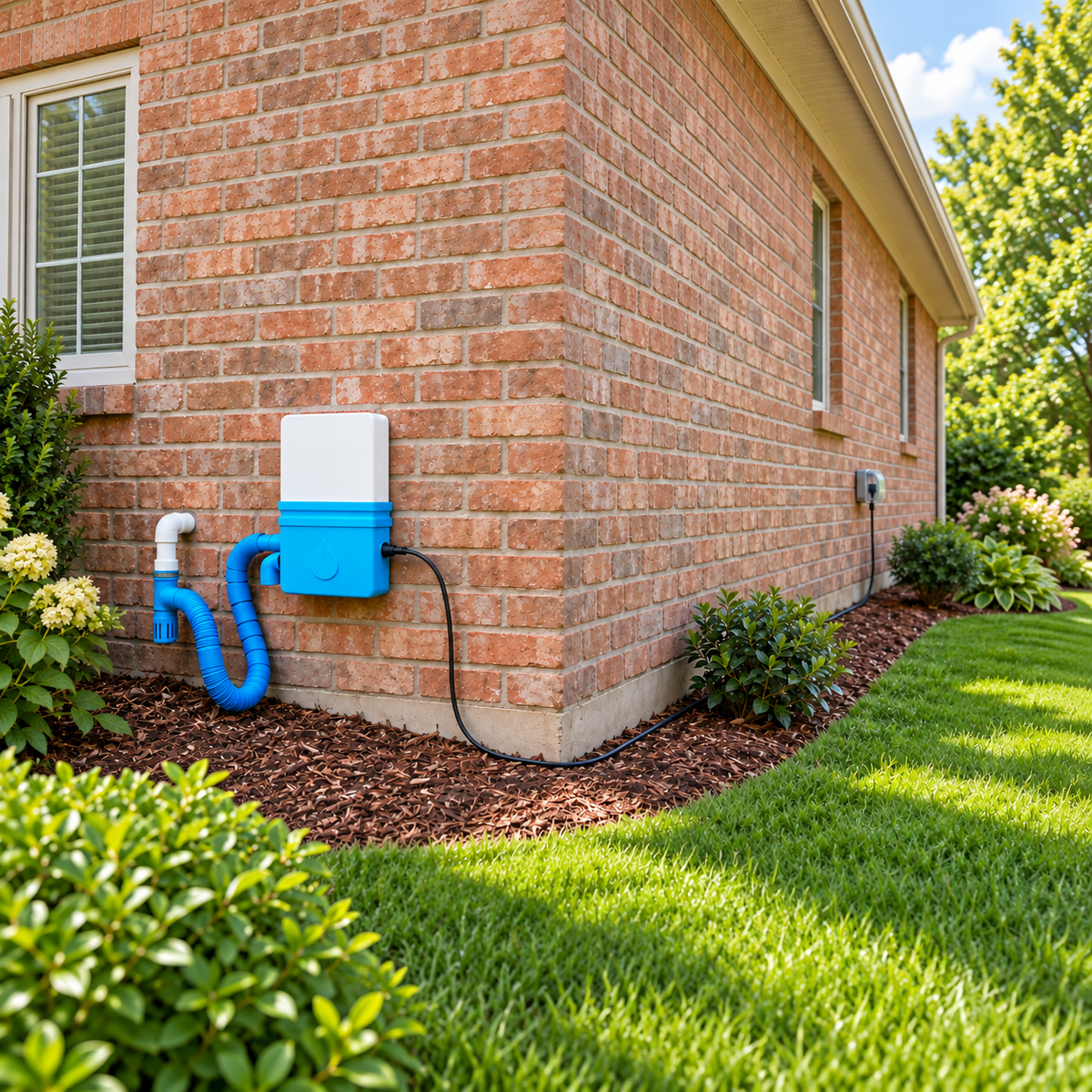 Illustrative Unclog installation with power cable routed around a house corner