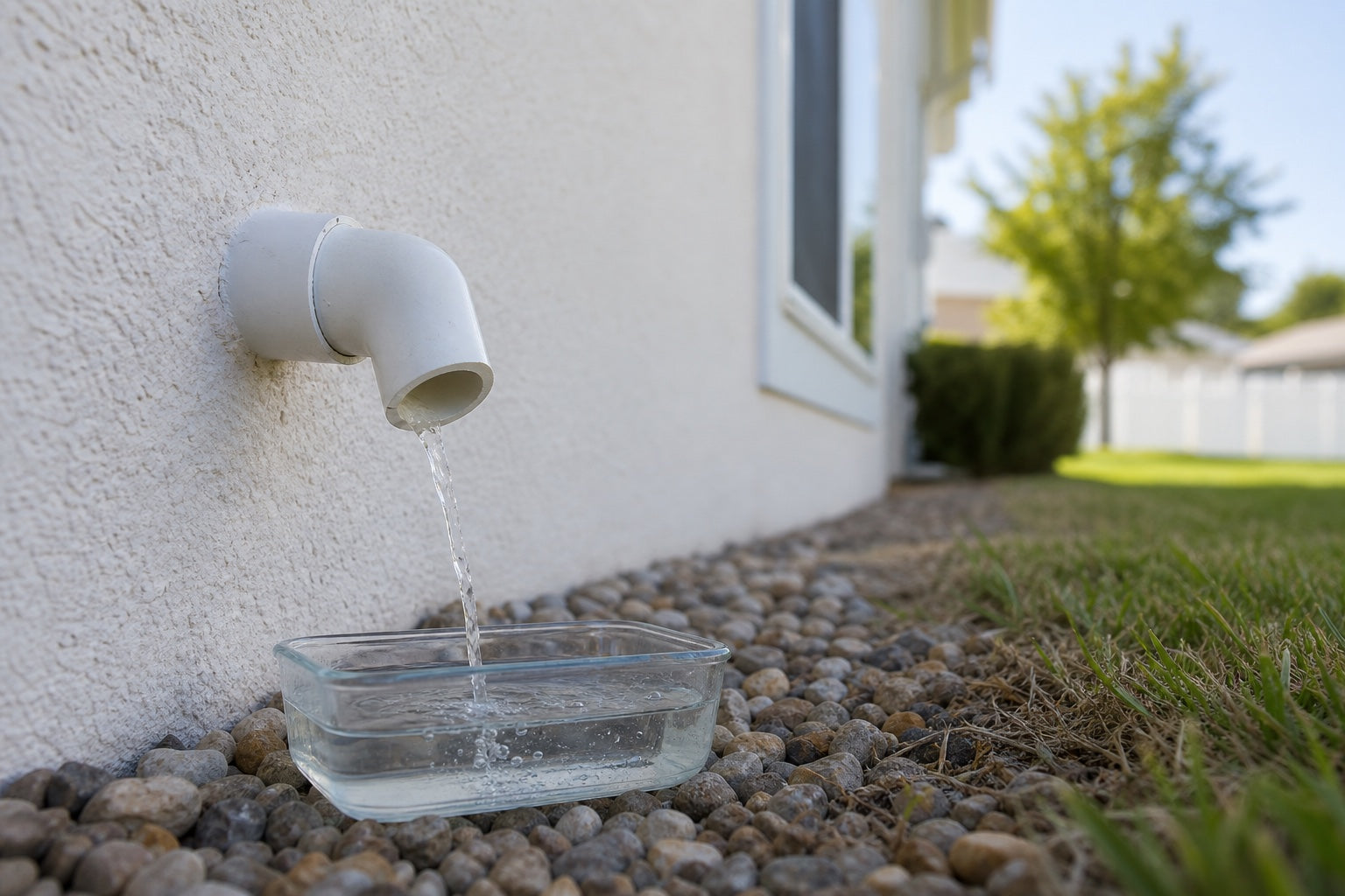Controlled clean-water test confirming flow at an outdoor A/C condensate outlet