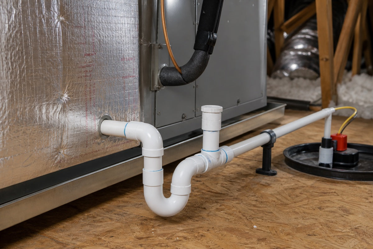 Indoor air-handler condensate connection with white PVC drain, serviceable trap, capped cleanout, safety switch, and secondary pan