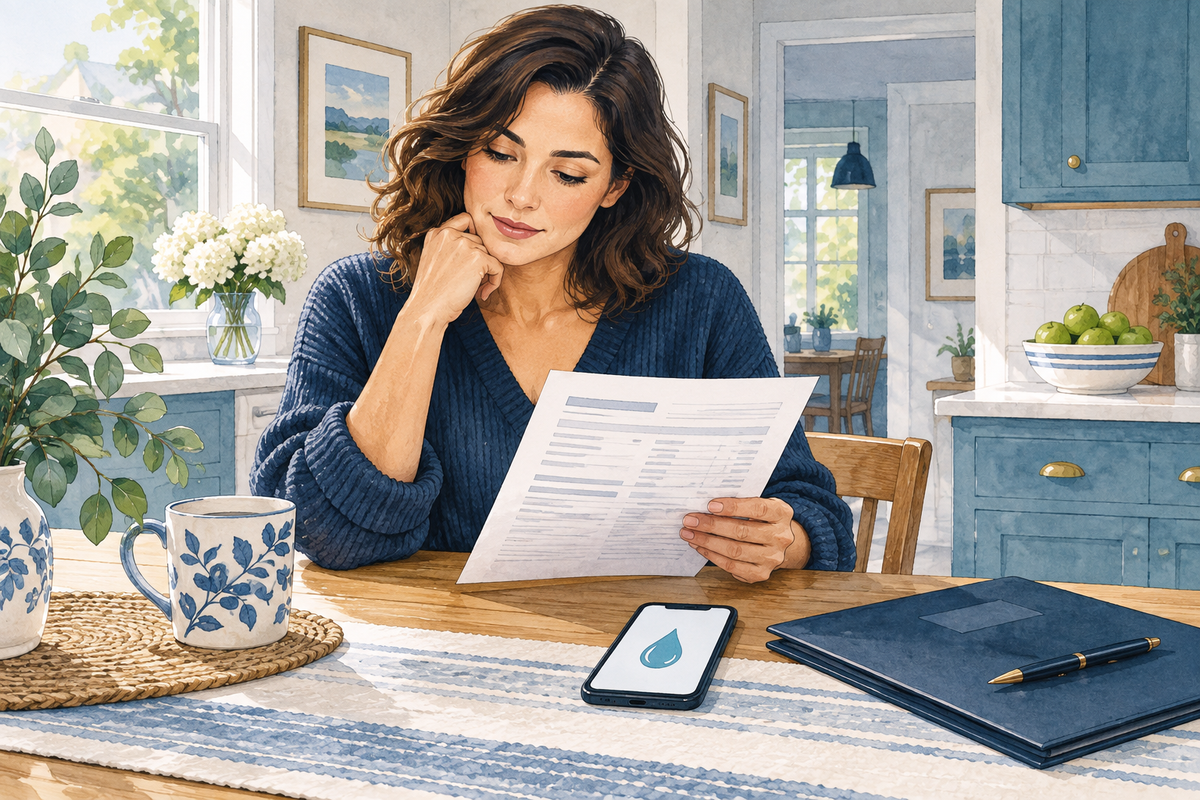 AI editorial illustration of a homeowner reviewing a service invoice beside a phone with a water-droplet symbol