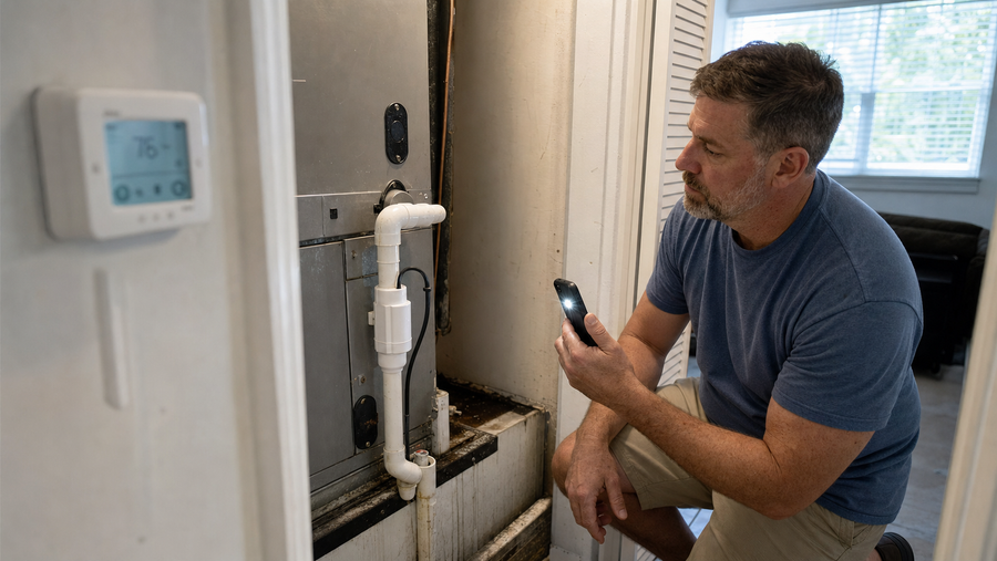 Homeowner safely inspecting an A/C air handler after a condensate float-switch shutdown