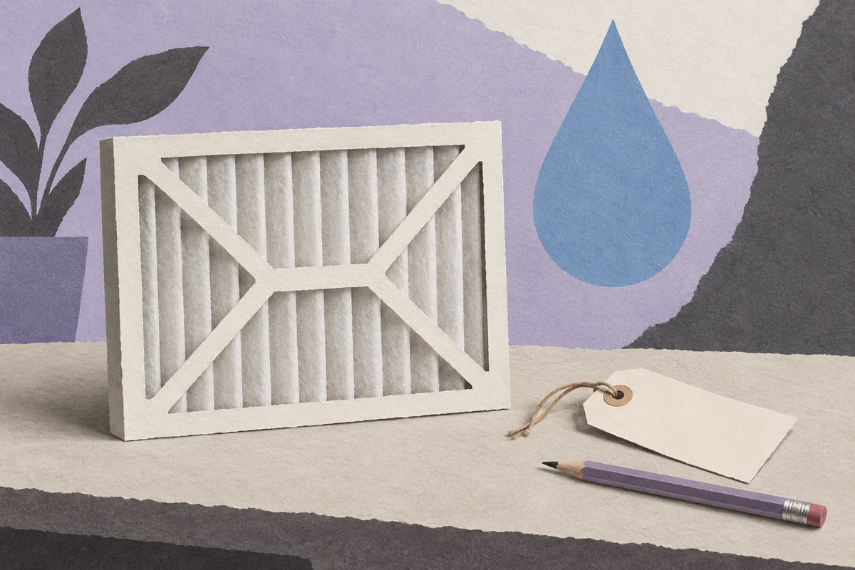 Cut-paper editorial illustration of a pleated air filter, maintenance tag and separate blue water-drop silhouette