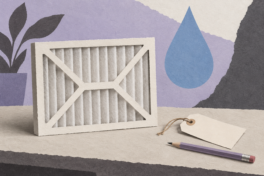 Cut-paper editorial illustration of a pleated air filter, maintenance tag and separate blue water-drop silhouette