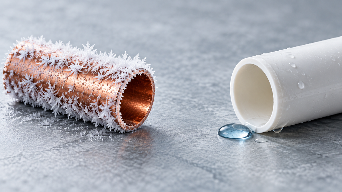 AI editorial material samples: frosted copper tube separate from a white PVC tube and blue water droplet