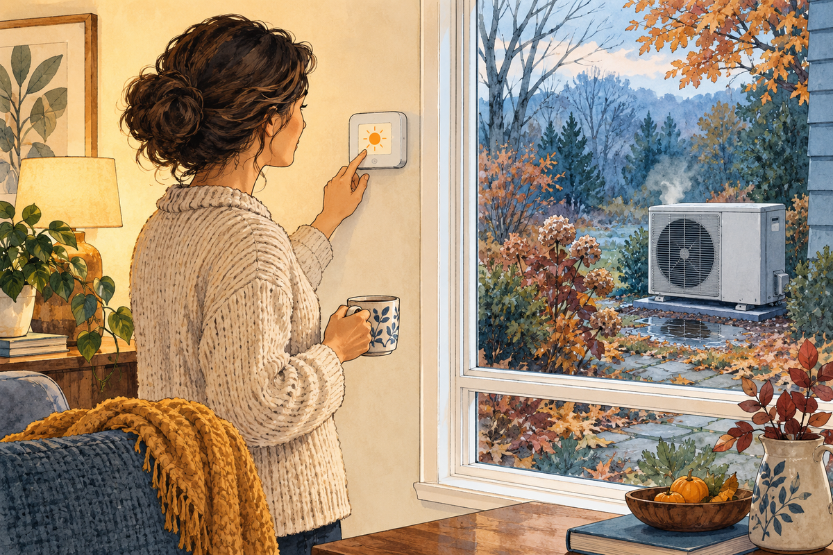 AI editorial illustration of a homeowner checking the heating thermostat and observing water beneath an outdoor heat pump