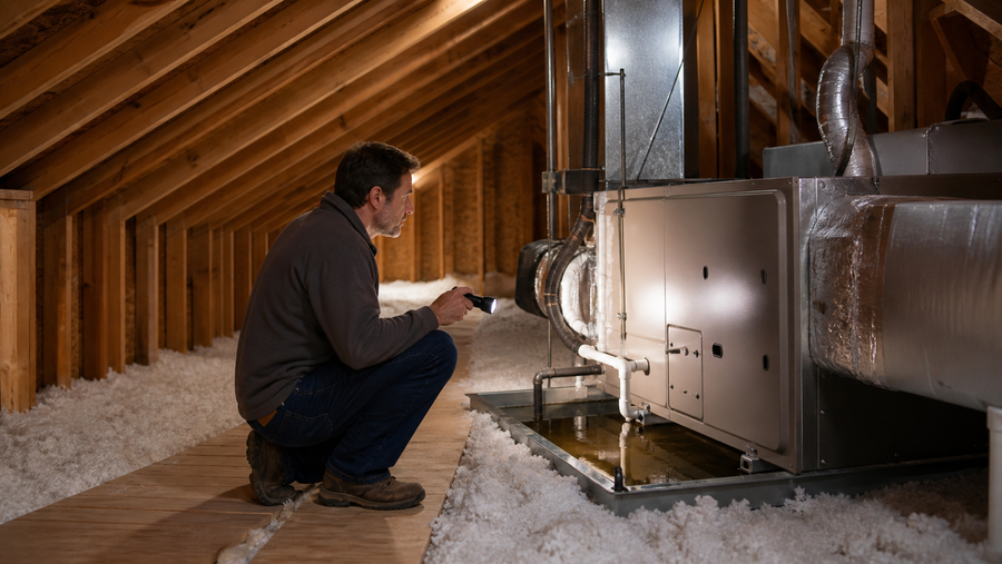Homeowner safely inspecting standing water in the auxiliary drain pan beneath an attic air handler