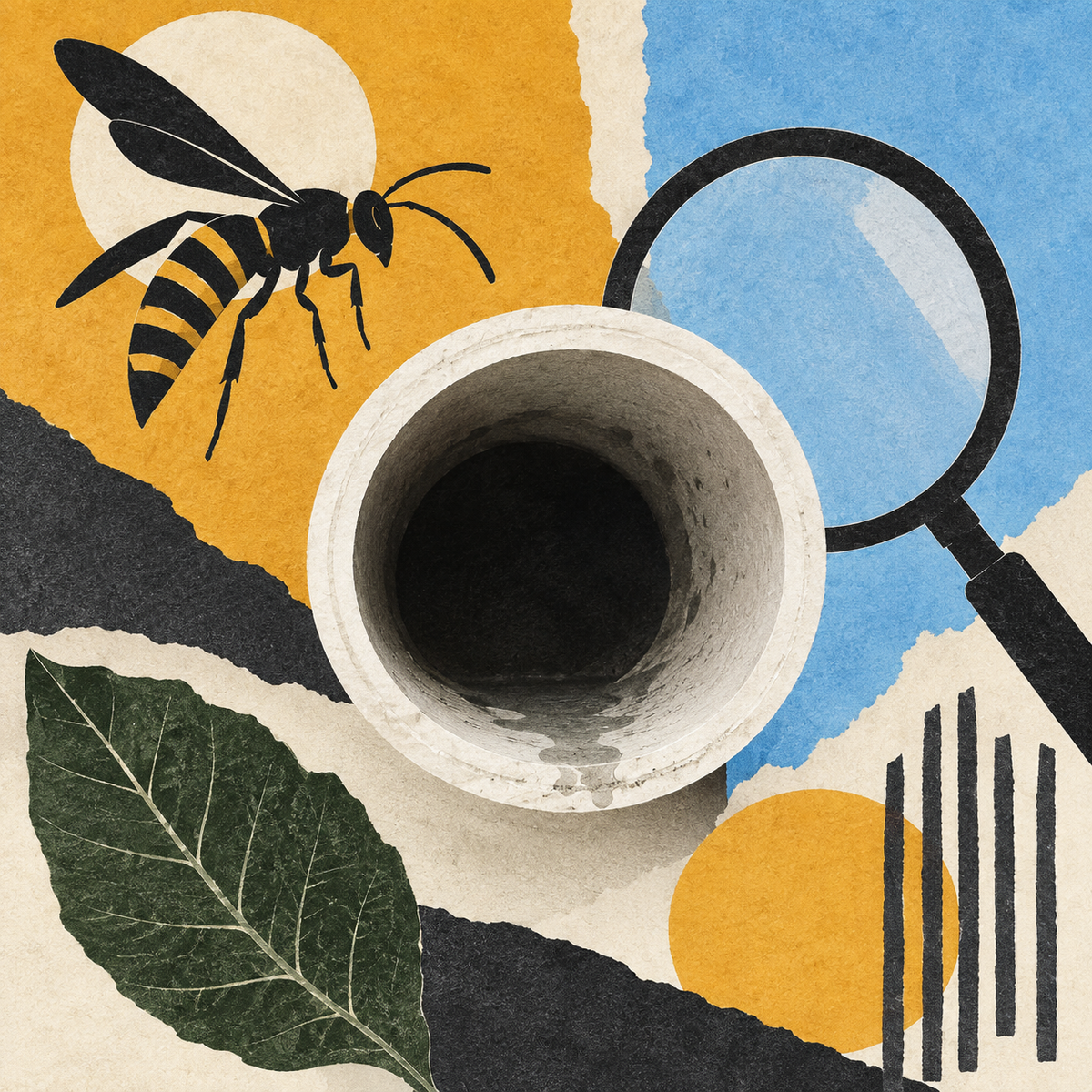 AI editorial cut-paper collage of a wasp, leaf, magnifying glass and symbolic open drain