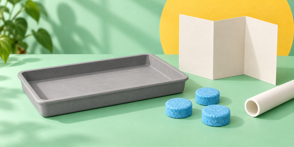 AI editorial still life of a generic pan, blue tablet shapes, blank instruction leaflet and separate white tube
