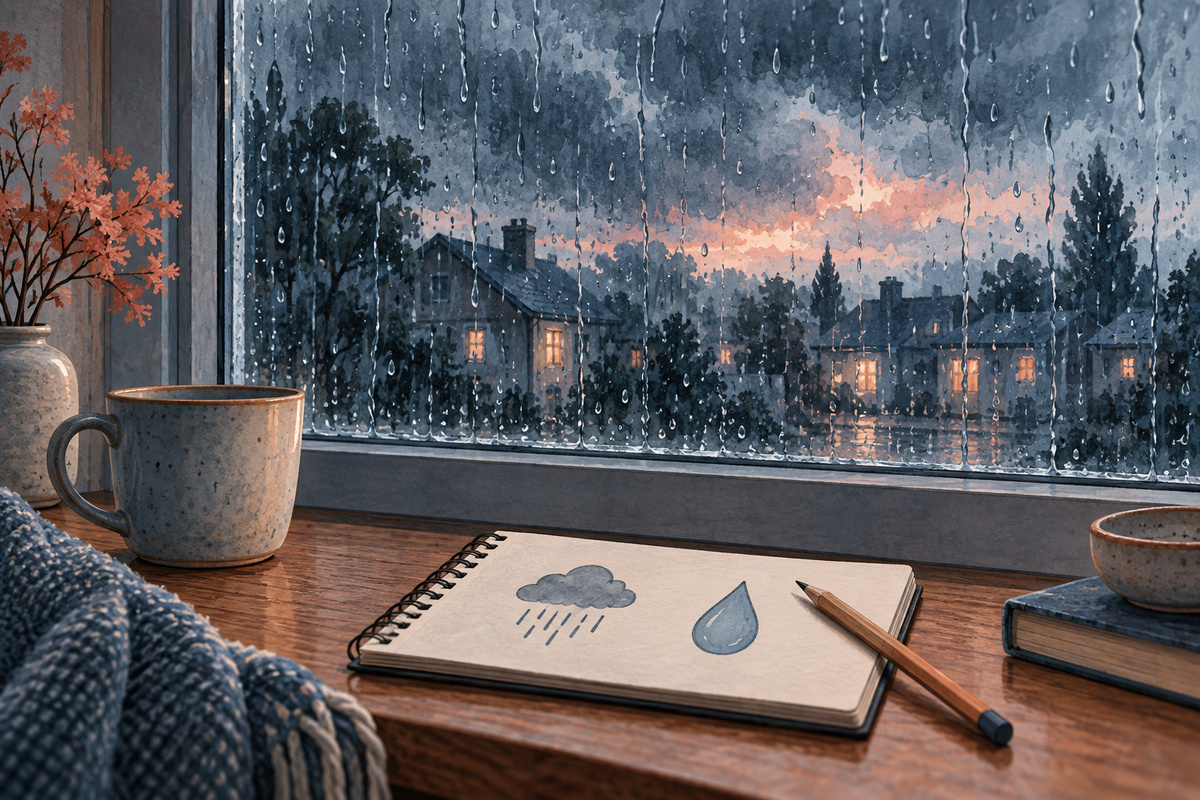 AI editorial ink-wash illustration of rain on a window and a notebook with rain-cloud and water-droplet symbols