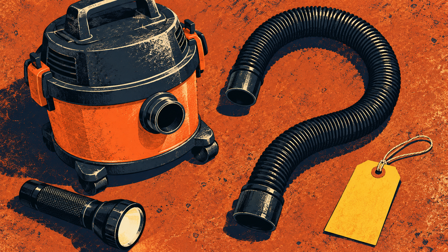 AI editorial illustration of a wet/dry vacuum, disconnected hose, flashlight and blank service tag on an orange background