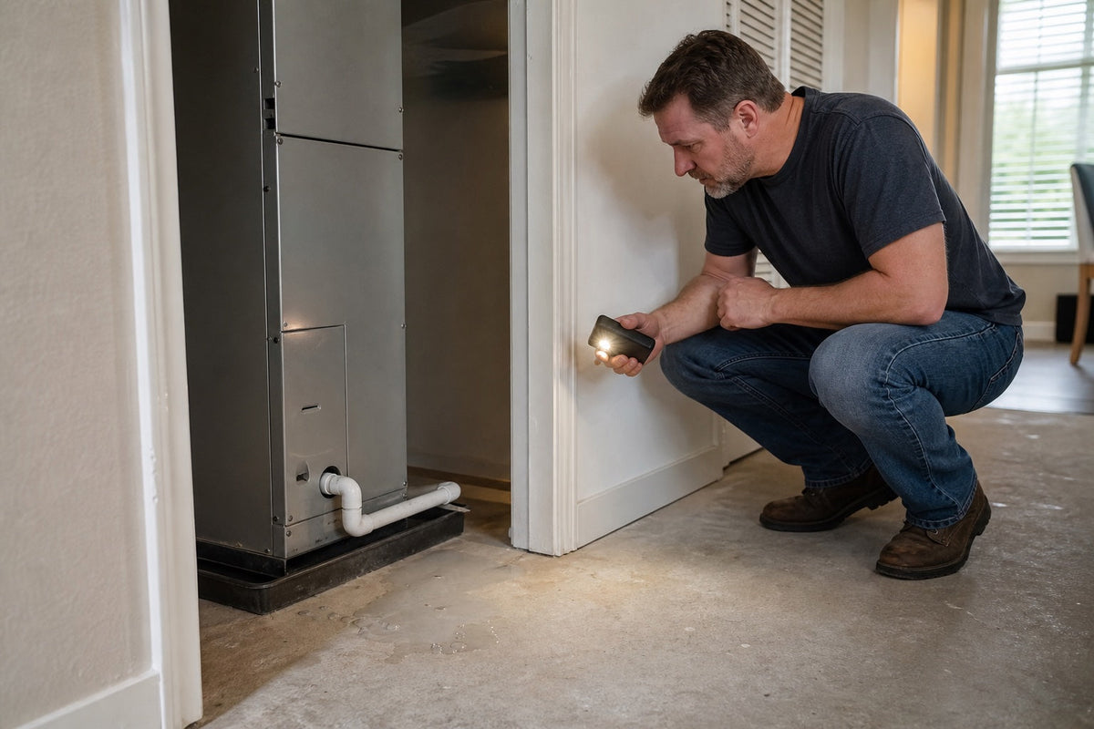 Homeowner safely inspecting a small water puddle beside an indoor A/C air handler