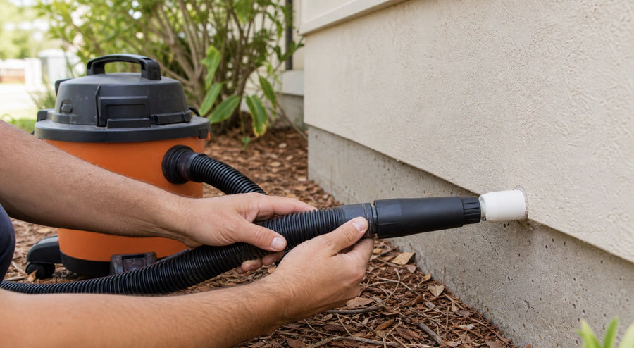 Wet/dry vacuum connected with a sealed adapter to an outdoor A/C condensate drain-line outlet