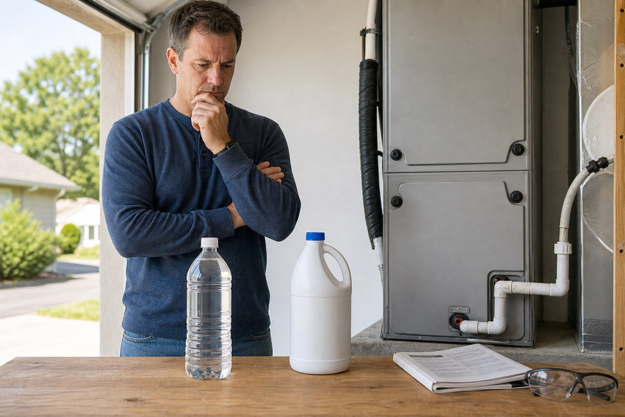 Homeowner comparing sealed vinegar and bleach bottles beside an A/C condensate drain cleanout