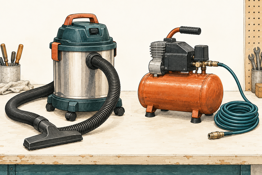 Editorial illustration comparing a wet/dry vacuum collection canister with an air compressor tank
