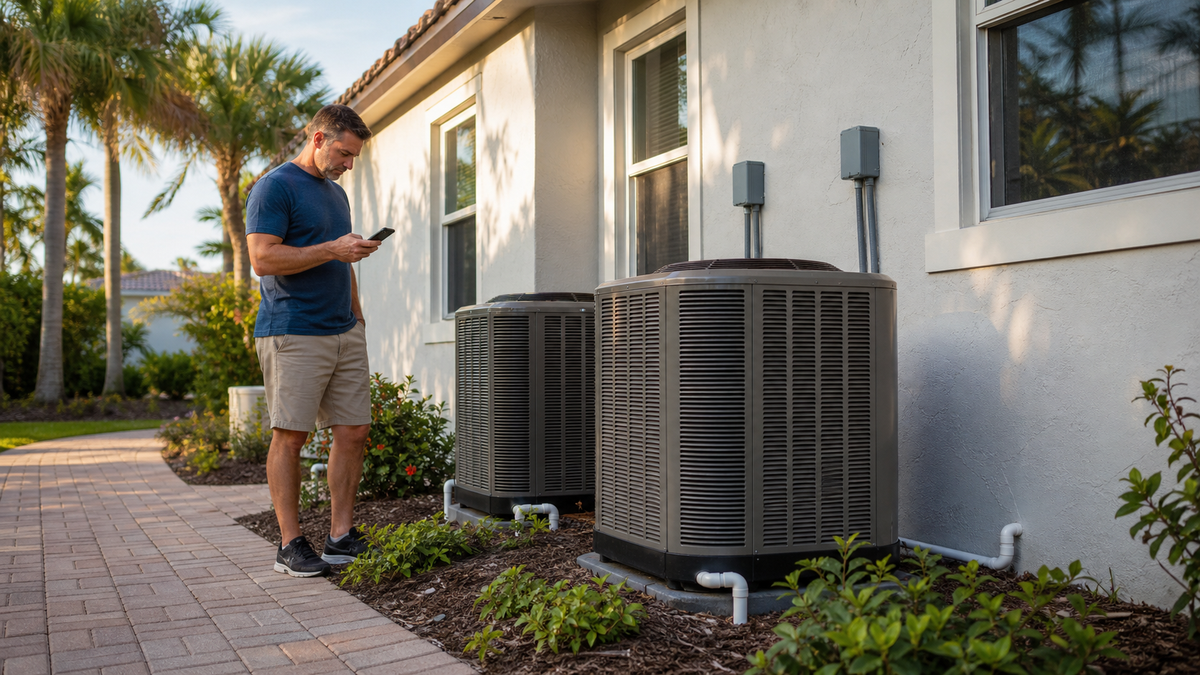 Homeowner reviewing maintenance for two central A/C systems at a Florida home