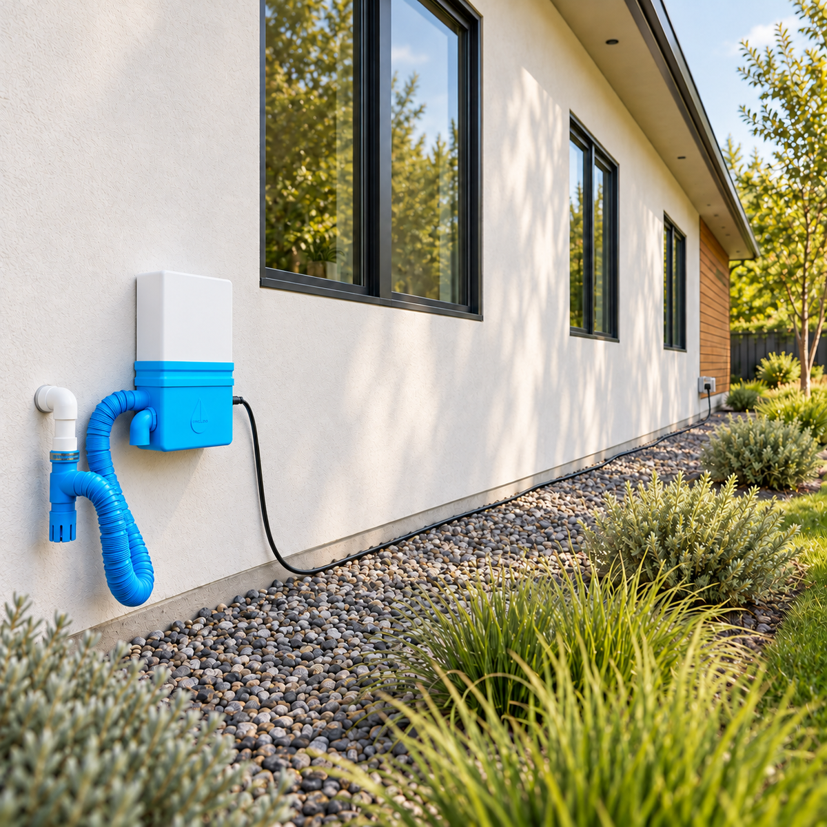 Illustrative Unclog installation mounted flat against a modern home wall, with a distant power outlet