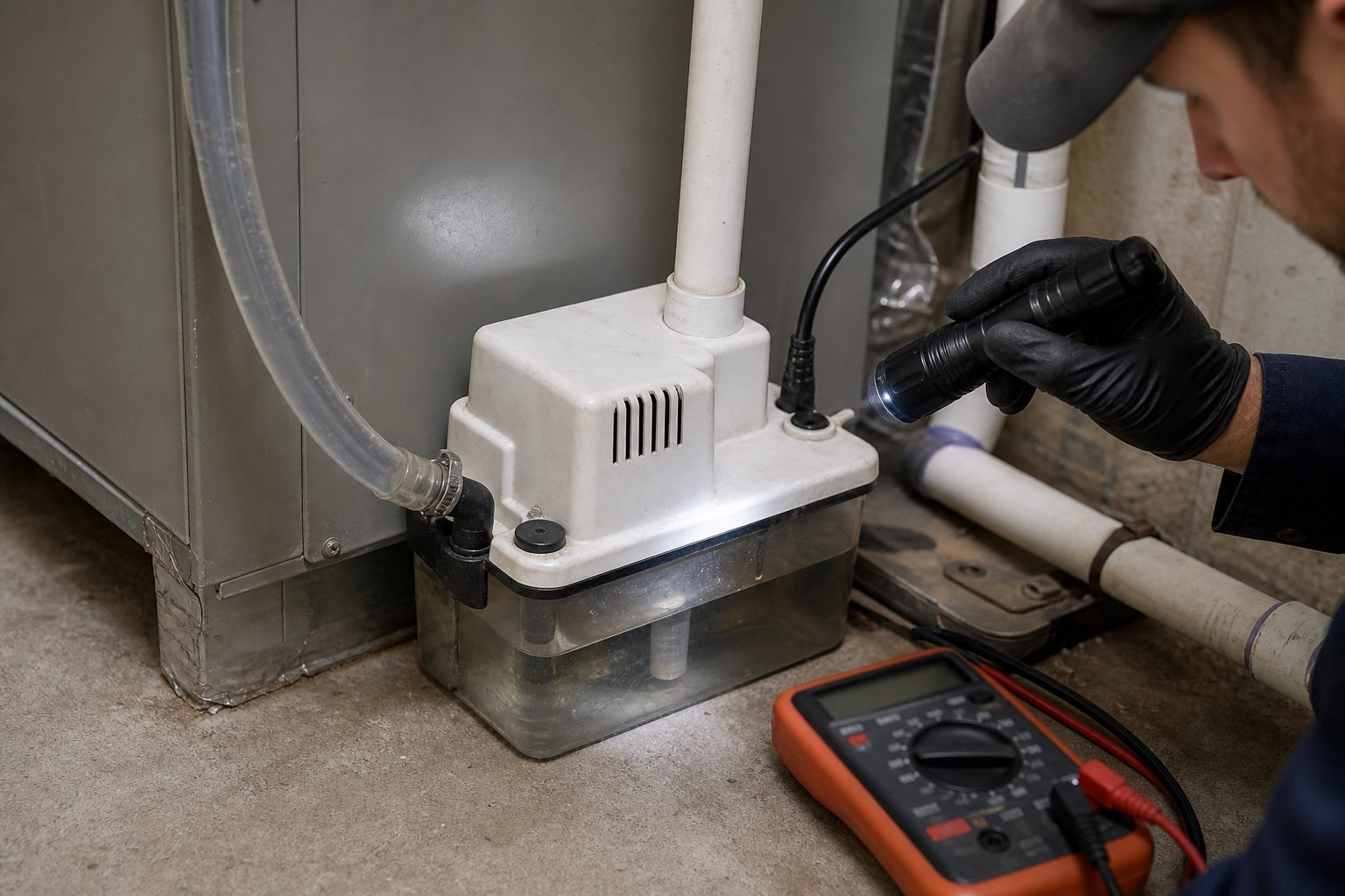 HVAC technician inspecting a residential condensate pump and connected discharge tubing