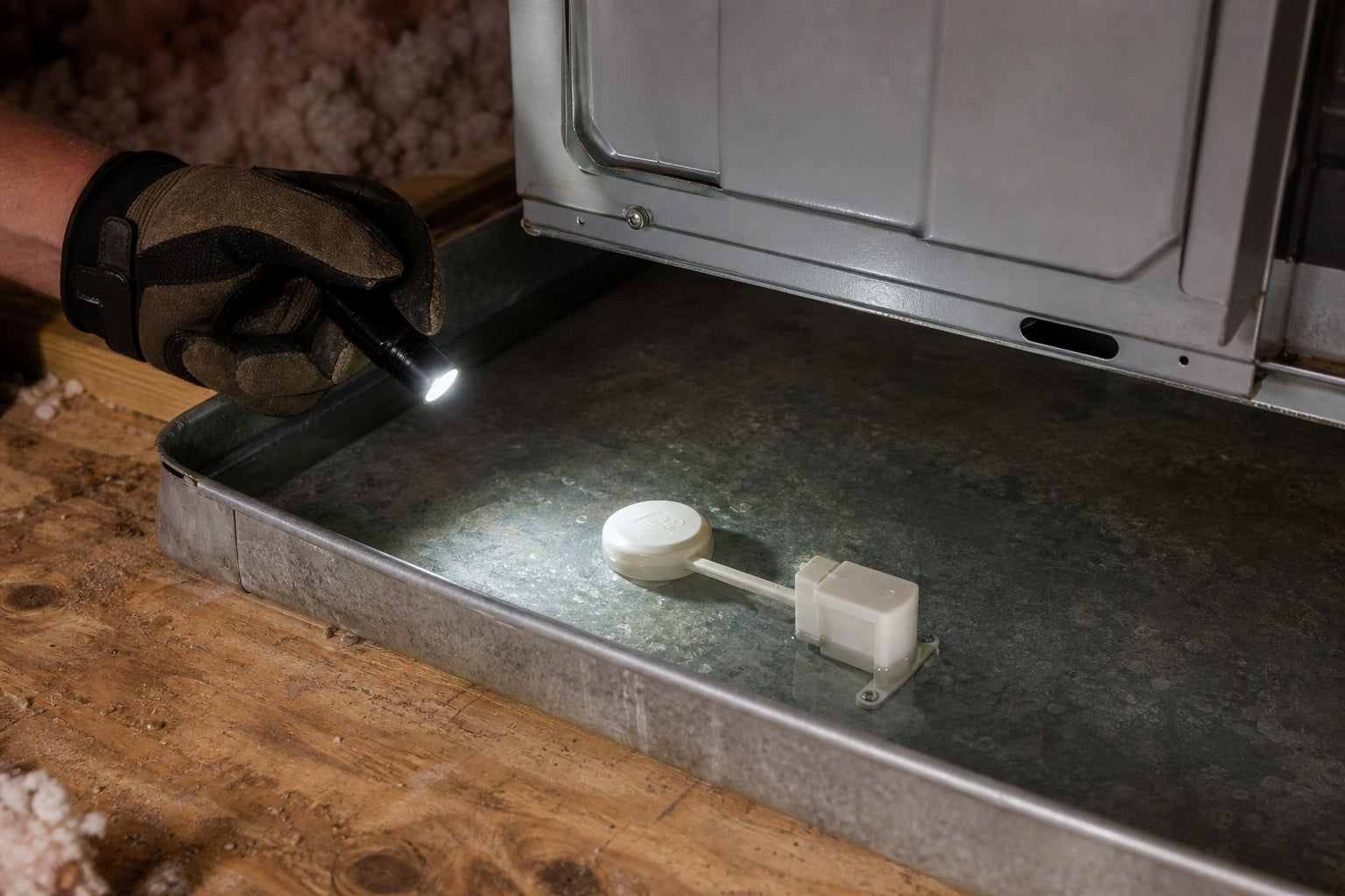 Shallow condensate water in an auxiliary A/C drain pan with an activated float switch