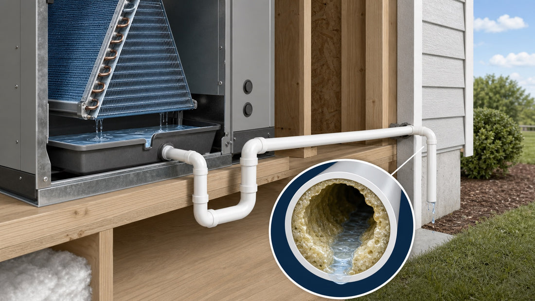 Cutaway illustration of an air-conditioning evaporator coil, drain pan, condensate trap and exterior drain line with a close-up of biological buildup restricting the pipe