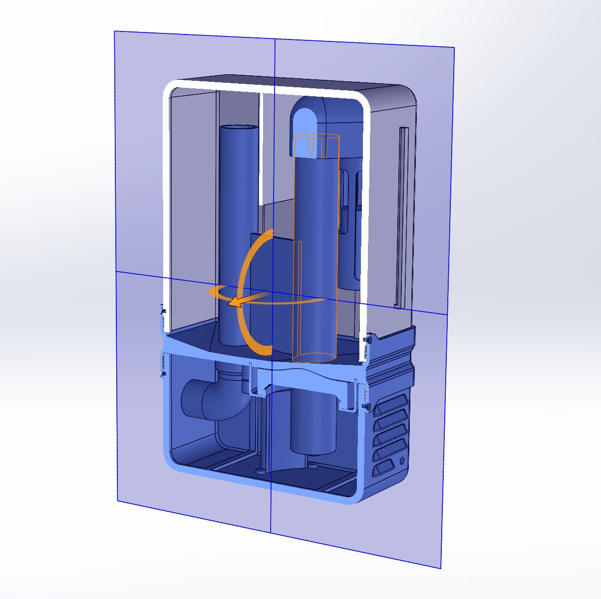 CAD section view showing the internal airflow path through an early Unclog prototype