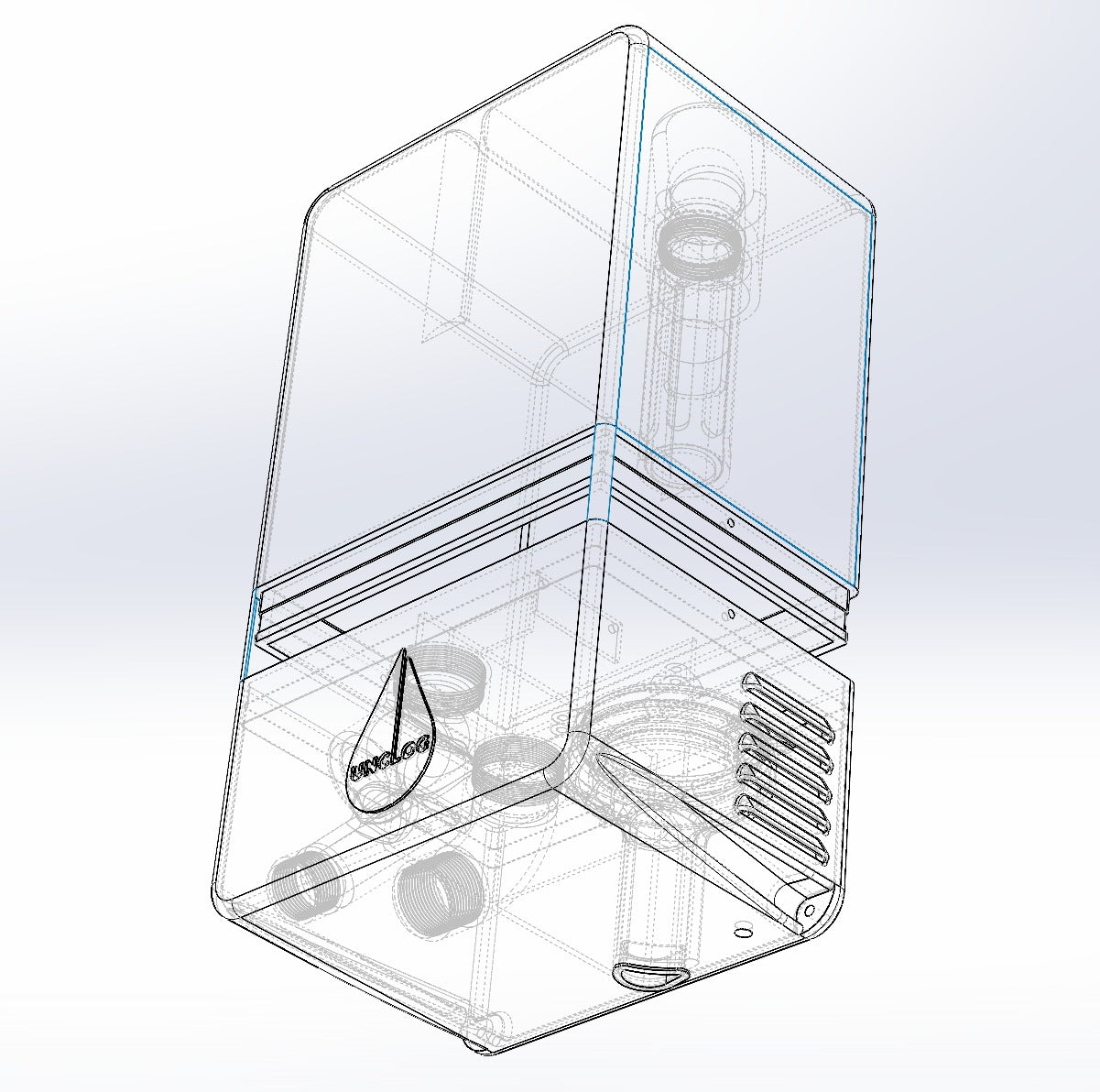 Transparent CAD assembly view showing the internal parts and structure of an early Unclog design