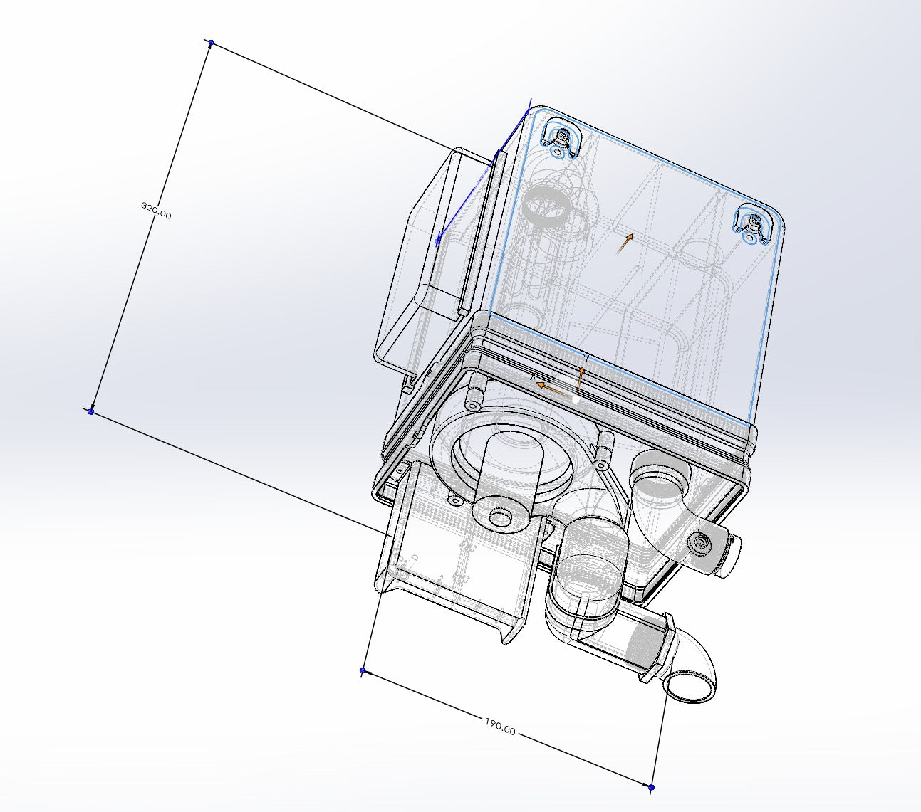 Dimensioned CAD drawing of an early Unclog enclosure and plumbing connections