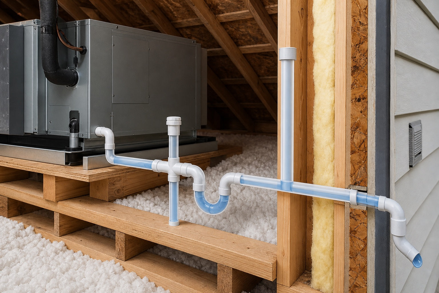 Cutaway showing the complete residential A/C condensate drain path
