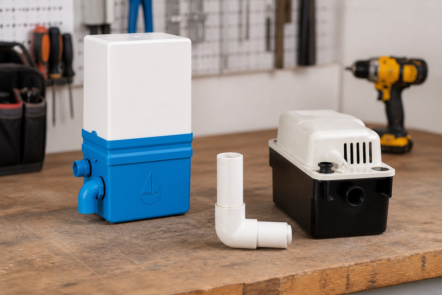 Final production Unclog, a separate gravity-drain sample, and a condensate pump displayed as different drainage solutions