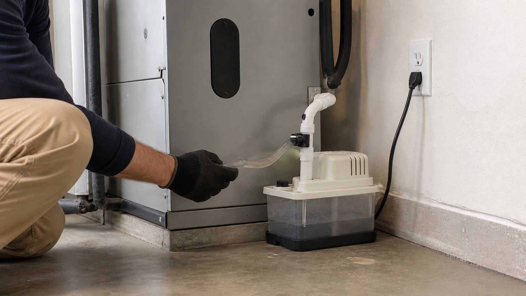 HVAC technician inspecting a kinked condensate pump discharge tube and high water level in the reservoir