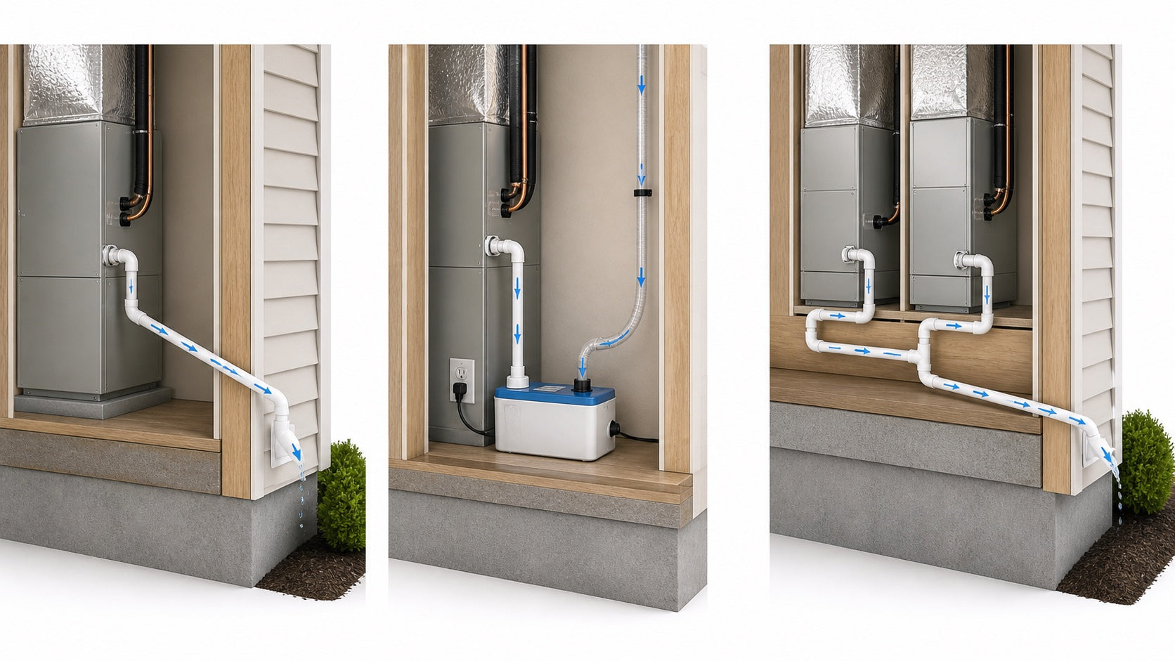 Three A/C condensate drain layouts showing a dedicated gravity outlet, a condensate pump discharge, and two systems joining a shared drain