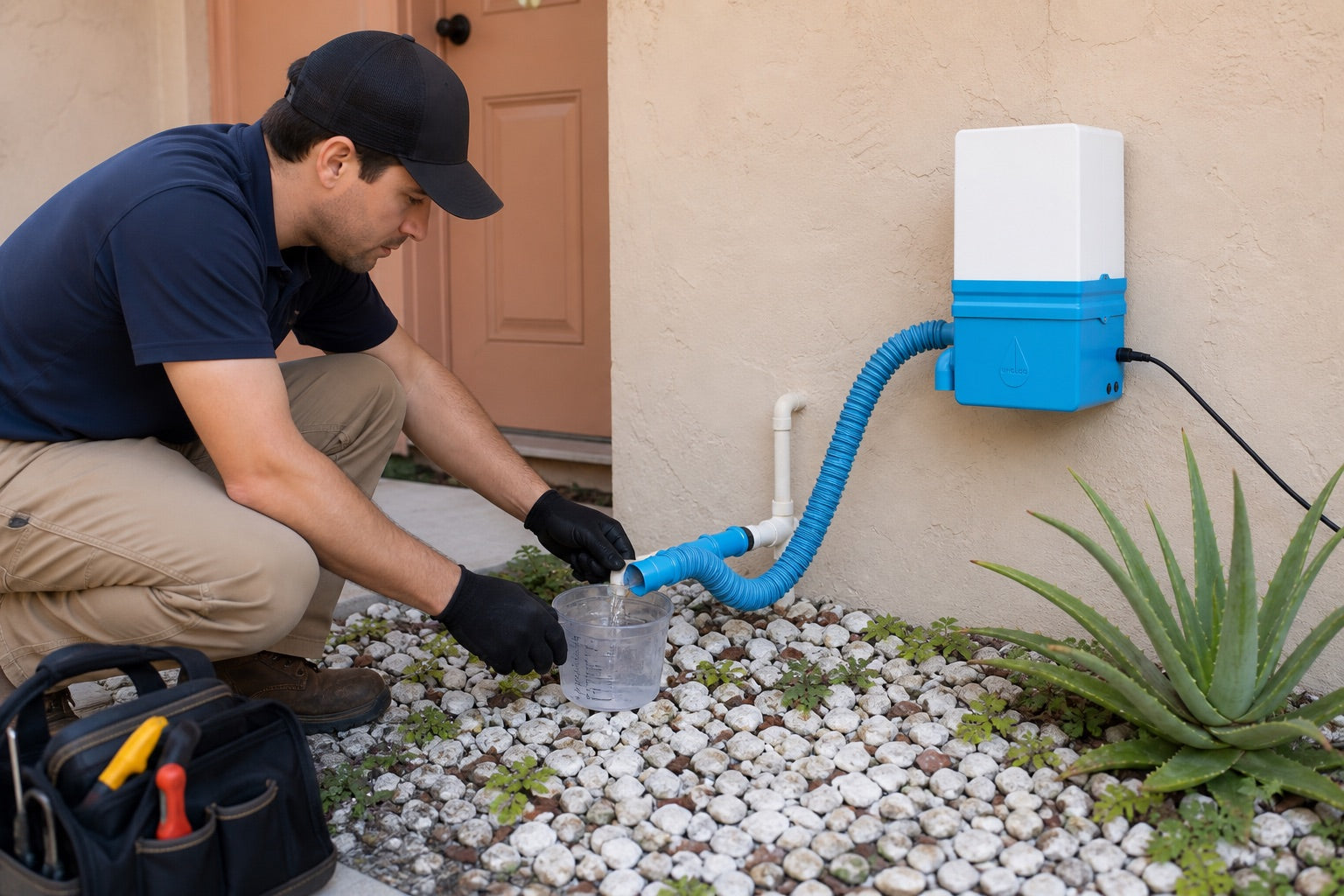 Technician verifying normal condensate flow beside a production Unclog after correcting a full drain pan