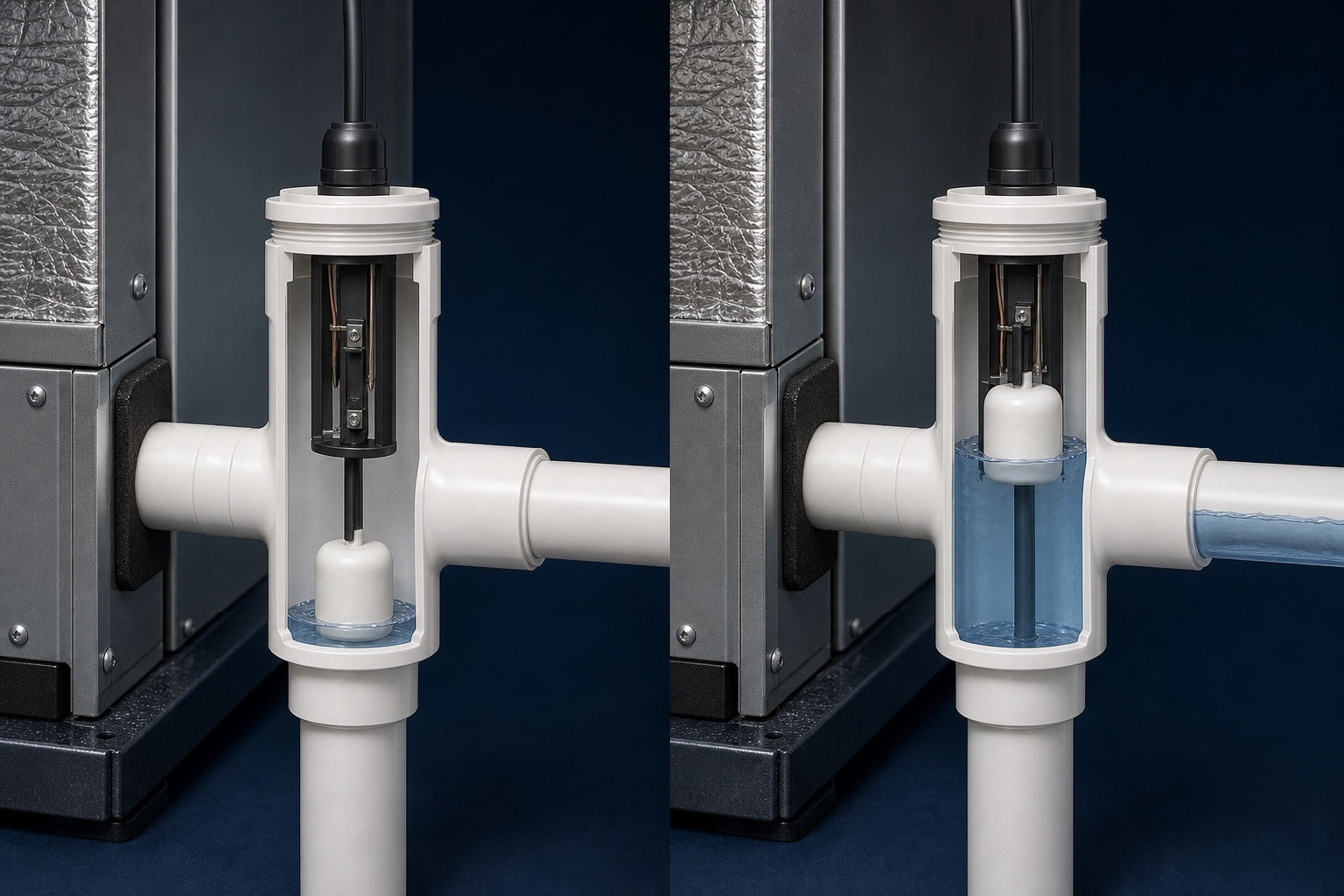 Cutaway comparison of an inline A/C condensate float switch at normal and high water levels