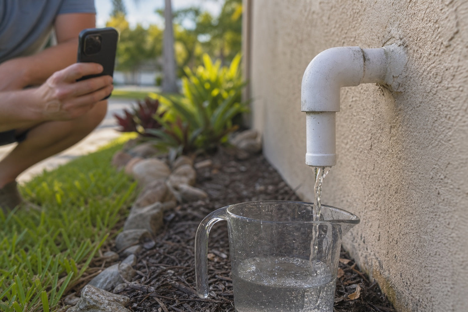 Clear test water flowing from the identified outdoor A/C condensate drain into a measuring pitcher