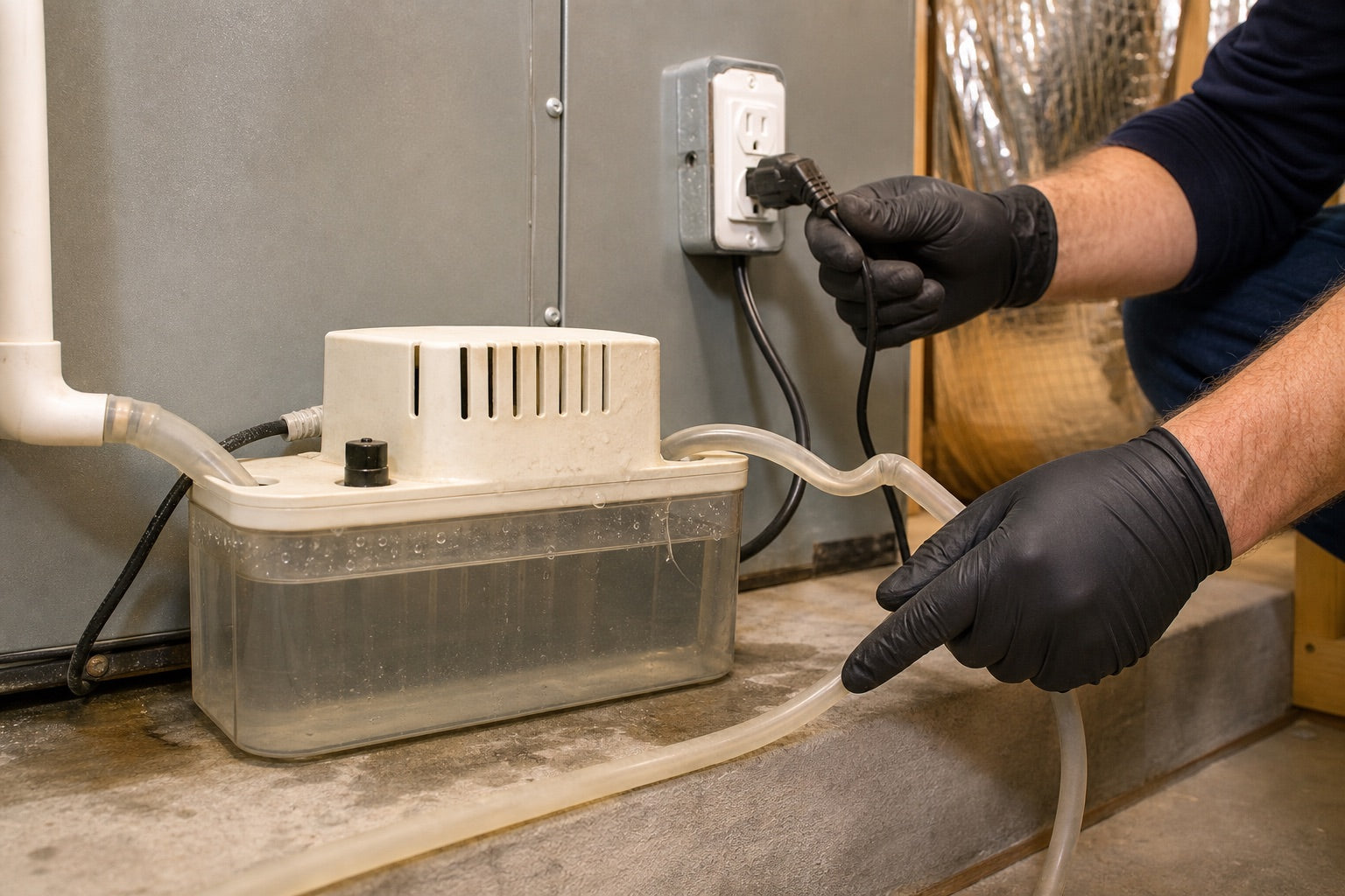 HVAC technician inspecting an overfull residential condensate pump and kinked discharge tubing