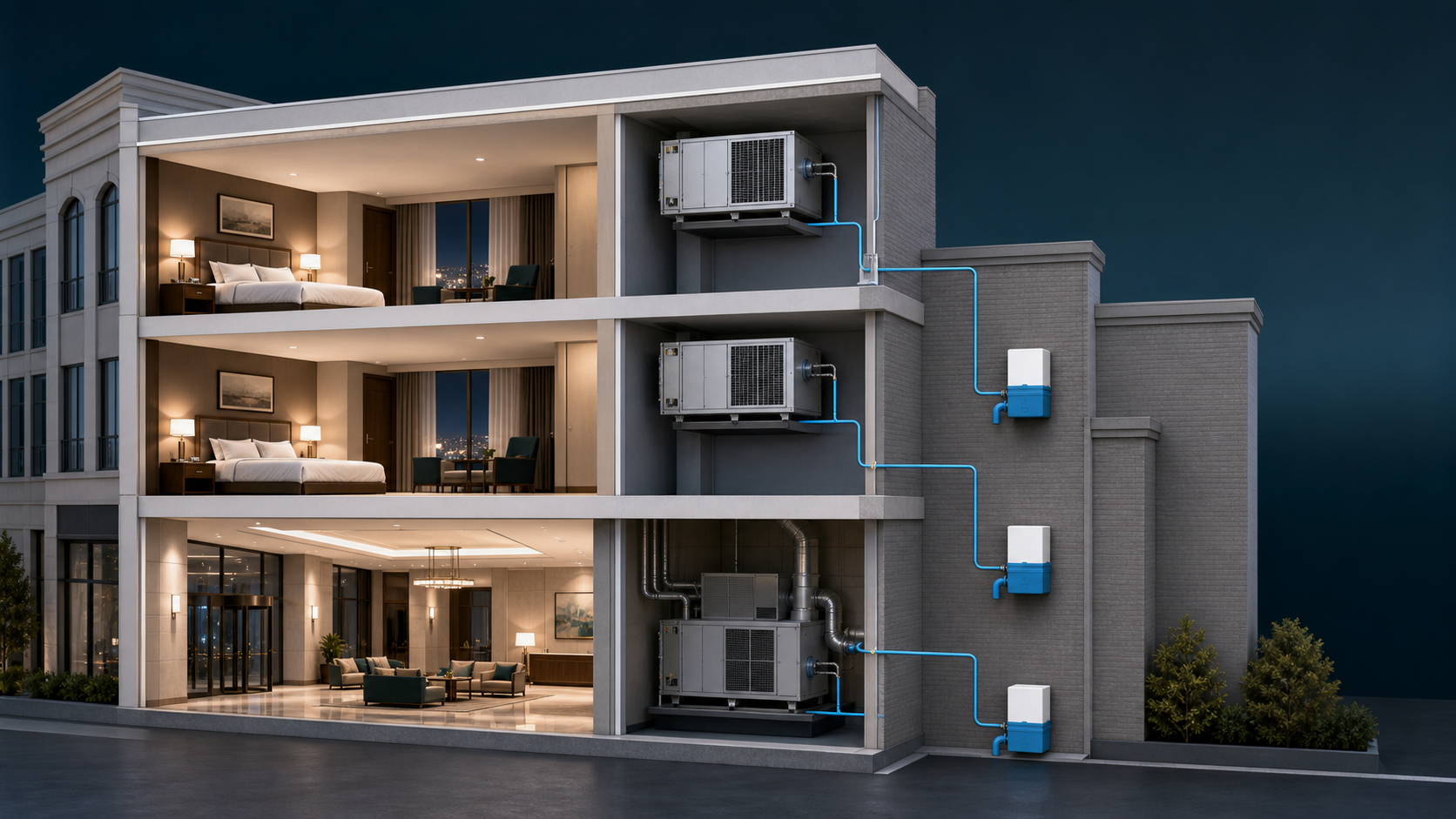 Hotel cutaway showing three independent condensate drain lines, each connected to its own Unclog unit