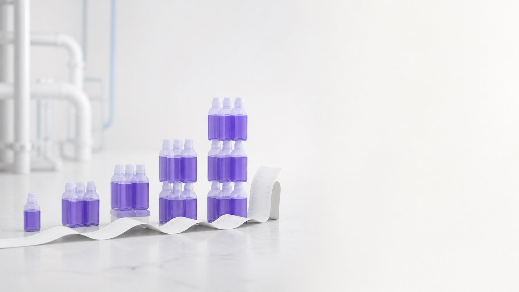 Generic purple refill bottles accumulating across five years beside a growing receipt
