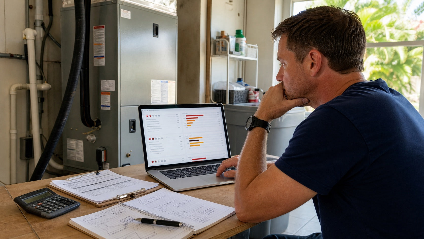 Homeowner researching automated A/C drain-line cleaner reviews beside a residential air handler