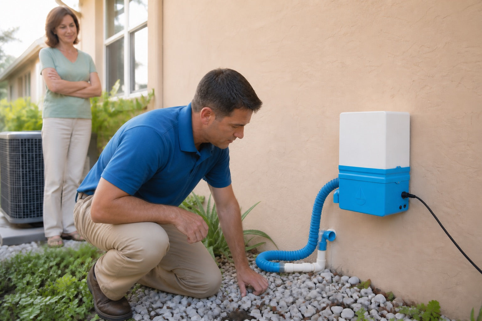Technician inspecting a final production Unclog connection after correcting a drain-related moisture source