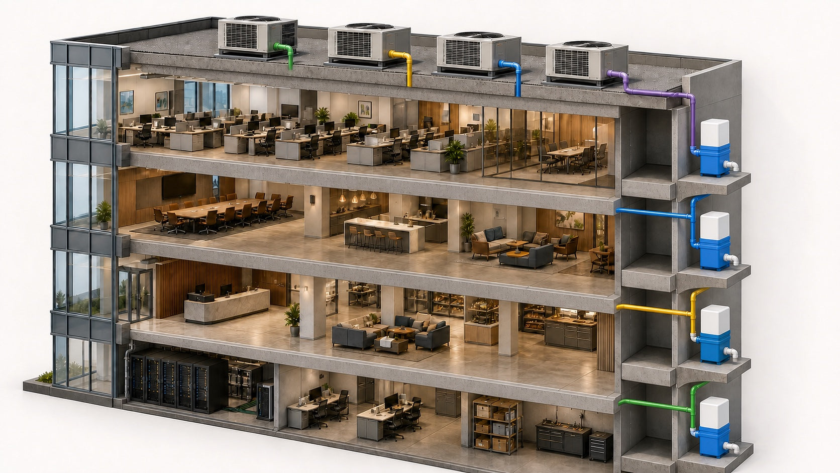 Multi-tenant office building with four independent condensate lines and four real rectangular Unclog units