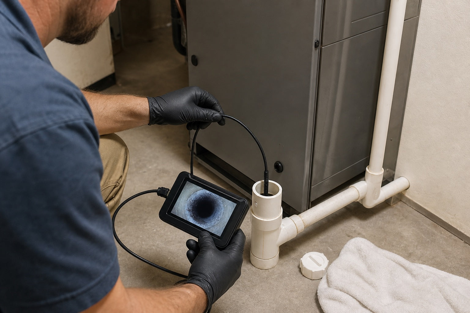 HVAC technician inspecting a condensate drain cleanout with a small flexible camera