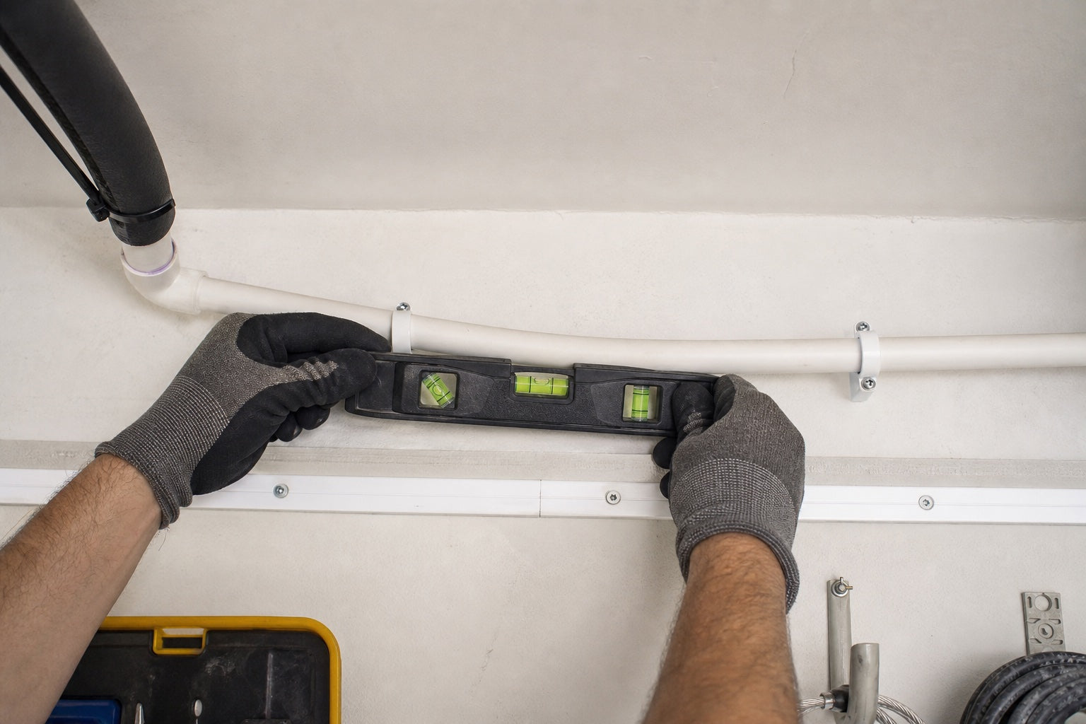 HVAC technician using a bubble level to check a slightly sagging condensate drain line