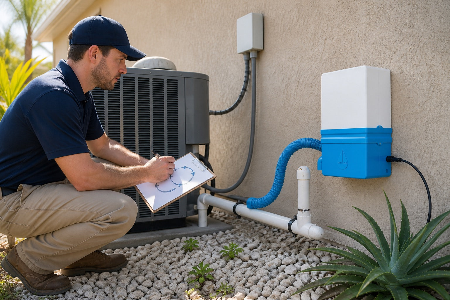 HVAC technician reviewing a corrected drain route beside a production Unclog installation