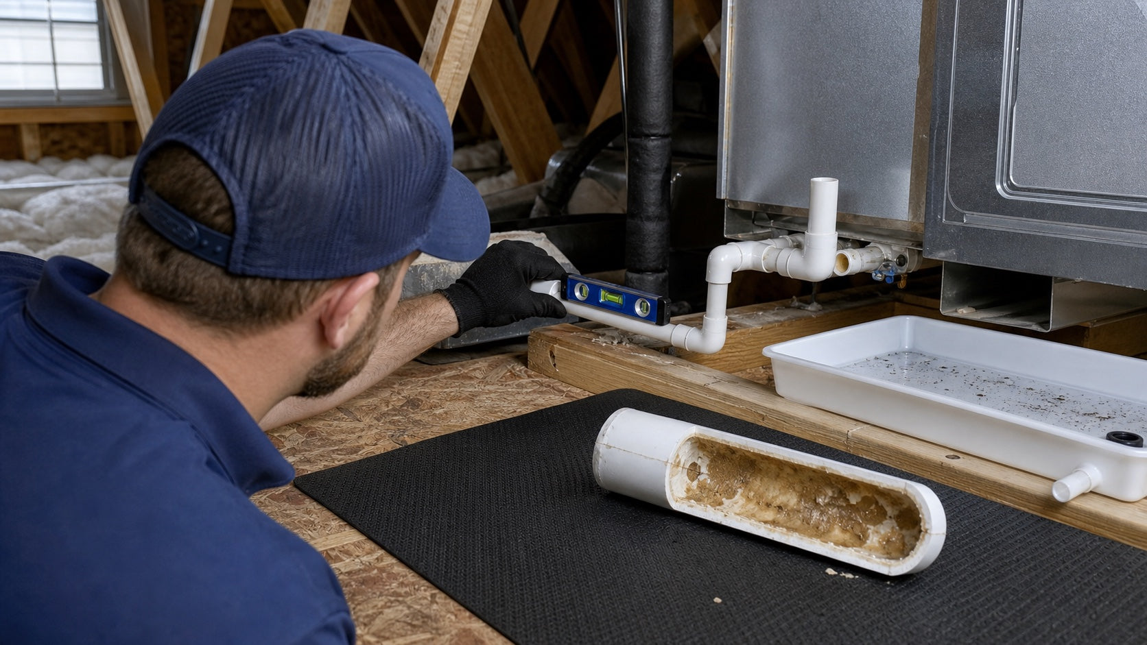 HVAC technician checking condensate drain pitch beside an auxiliary pan and a cutaway pipe sample with biological buildup