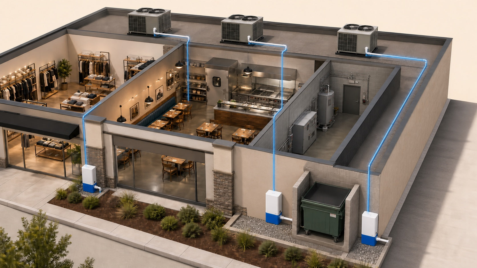 Shopping-center cutaway showing three separate HVAC condensate lines, each terminating at its own Unclog unit